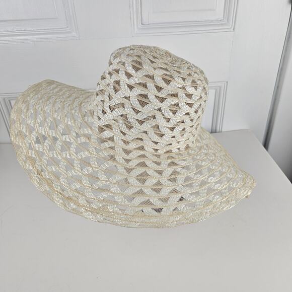 VTG 1970s wide brim sheer Hat crisscross  prairie cottage boho bridesmaid - Picture 3 of 10